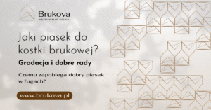Jaki piasek do kostki brukowej? Grafika poradnikowa Brukova z hasłem ‘Gradacja i dobre rady’ oraz pytaniem ‘Czemu zapobiega dobry piasek w fugach?’; lekkie, minimalistyczne tło i znak firmowy.