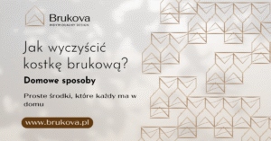 Jak wyczyścić kostkę brukową? Wariant grafiki Brukova z podtytułem ‘Czym myć?’ oraz informacją ‘Metody czyszczenia zależne od rodzaju zabrudzeń’; jasne tło, dekoracyjny wzór, branding i adres www.brukova.pl.