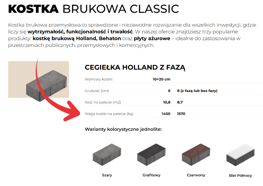 Instrukcja, jak znaleźć ile waży paleta kostki brukowej. Screen z przykładu na kostce brukowej classic