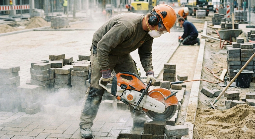 Czym ciąć kostkę brukową? Precyzyjne docinanie kostki brukowej przecinarką z tarczą diamentową.