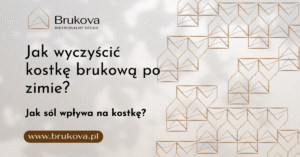 Grafika z logo firmy Brukova i tytułem artykułu: "Jak wyczyścić kostkę brukową po zimie? Jak sól wpływa na kostkę?". Na dole znajduje się adres www.brukova.pl, a tło zdobi abstrakcyjny, geometryczny wzór.