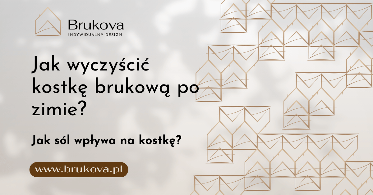 Grafika z logo firmy Brukova i tytułem artykułu: "Jak wyczyścić kostkę brukową po zimie? Jak sól wpływa na kostkę?". Na dole znajduje się adres www.brukova.pl, a tło zdobi abstrakcyjny, geometryczny wzór.