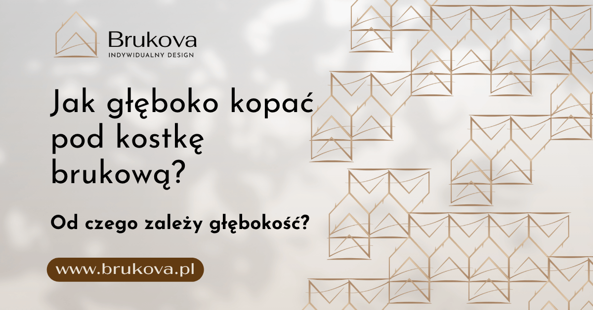 Grafika informacyjna promująca artykuł blogowy na stronie www.brukova.pl. Na jasnym, beżowym tle z delikatnym rozmyciem widnieje duży, czarny napis: "Jak głęboko kopać pod kostkę brukową? Od czego zależy głębokość?". W lewym górnym rogu znajduje się logo producenta Brukova z dopiskiem "Indywidualny design". W lewym dolnym rogu umieszczono brązowy przycisk z adresem witryny. Prawą stronę grafiki wypełnia nowoczesny, geometryczny wzór w miedzianym odcieniu, przypominający złączone zarysy domów lub układające się trójwymiarowe bryły kostki brukowej.